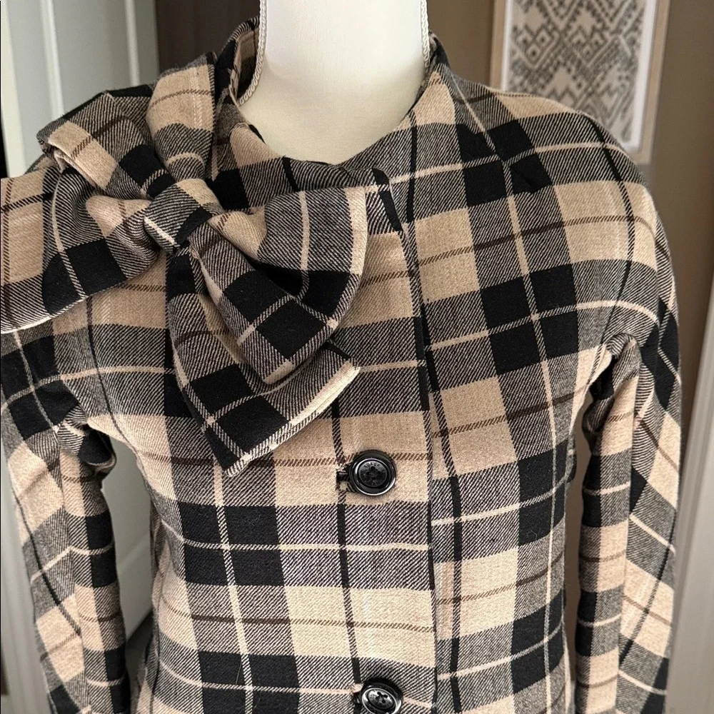 KATE SPADE Tan & Black Plaid Wool Blend Jacket Double Breasted Bow Collar Size M